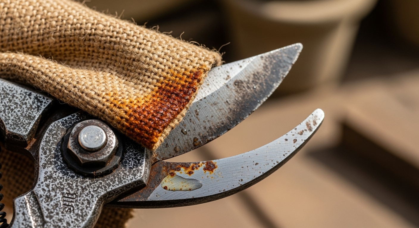 올리브오일로 녹슨 금속 공구의 녹을 닦아내고 있는 손.