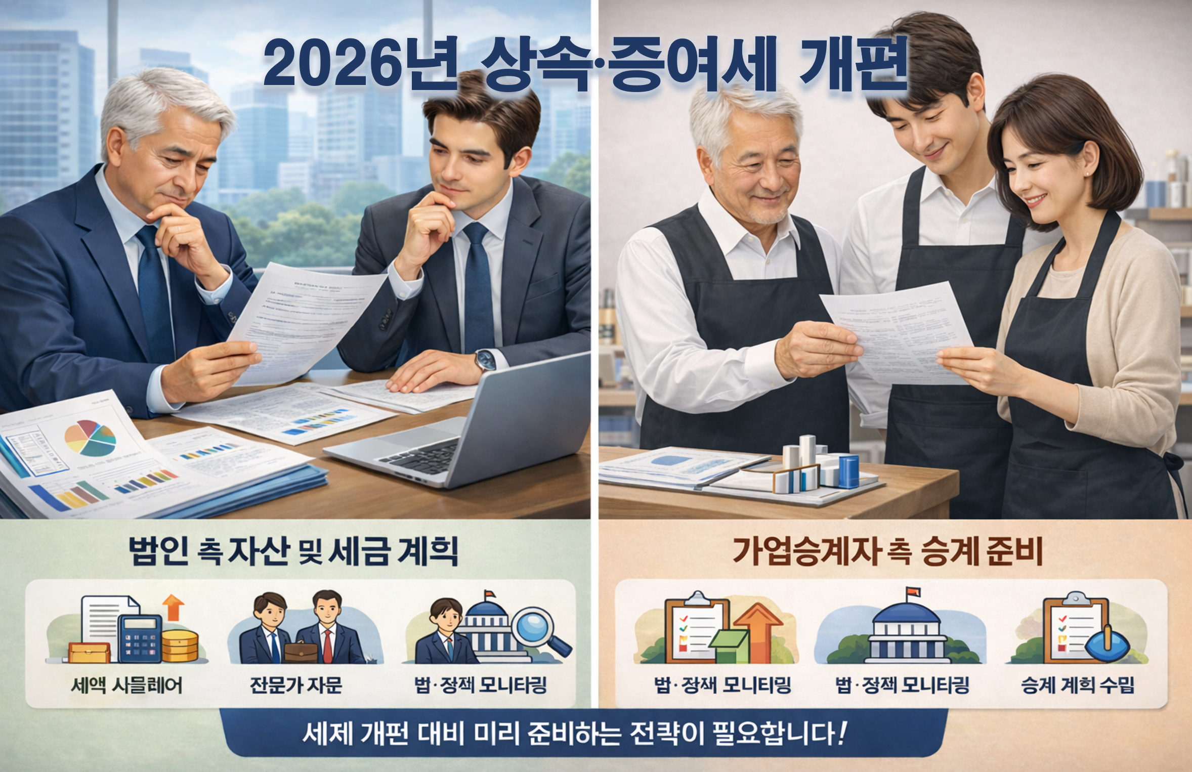 2026년 고액 법인&middot;가업승계, 상속&middot;증여세 개편 기준
개편 내용, 영향도, 준비 전략, 대응 전략, 포트폴리오 재구성, 사례