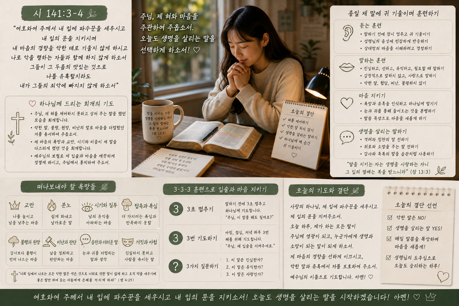 시 141:3-4 말씀에서 제가 혀를 제어하며 욕망을 떠나보내기 위해 하나님께 진실로 간구하며 회개하는 기도를 드릴 것이 생각되었고&amp;#44; 종일 제 말에 귀 기울이며 악한 말을 하지 않고 생명을 살리는 말을 하는 자가 되기를 결단하며 살아가는 훈련을 하는 모습입니다.