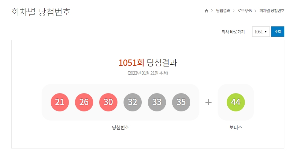 로또 당첨번호와 보너스 번호 예시