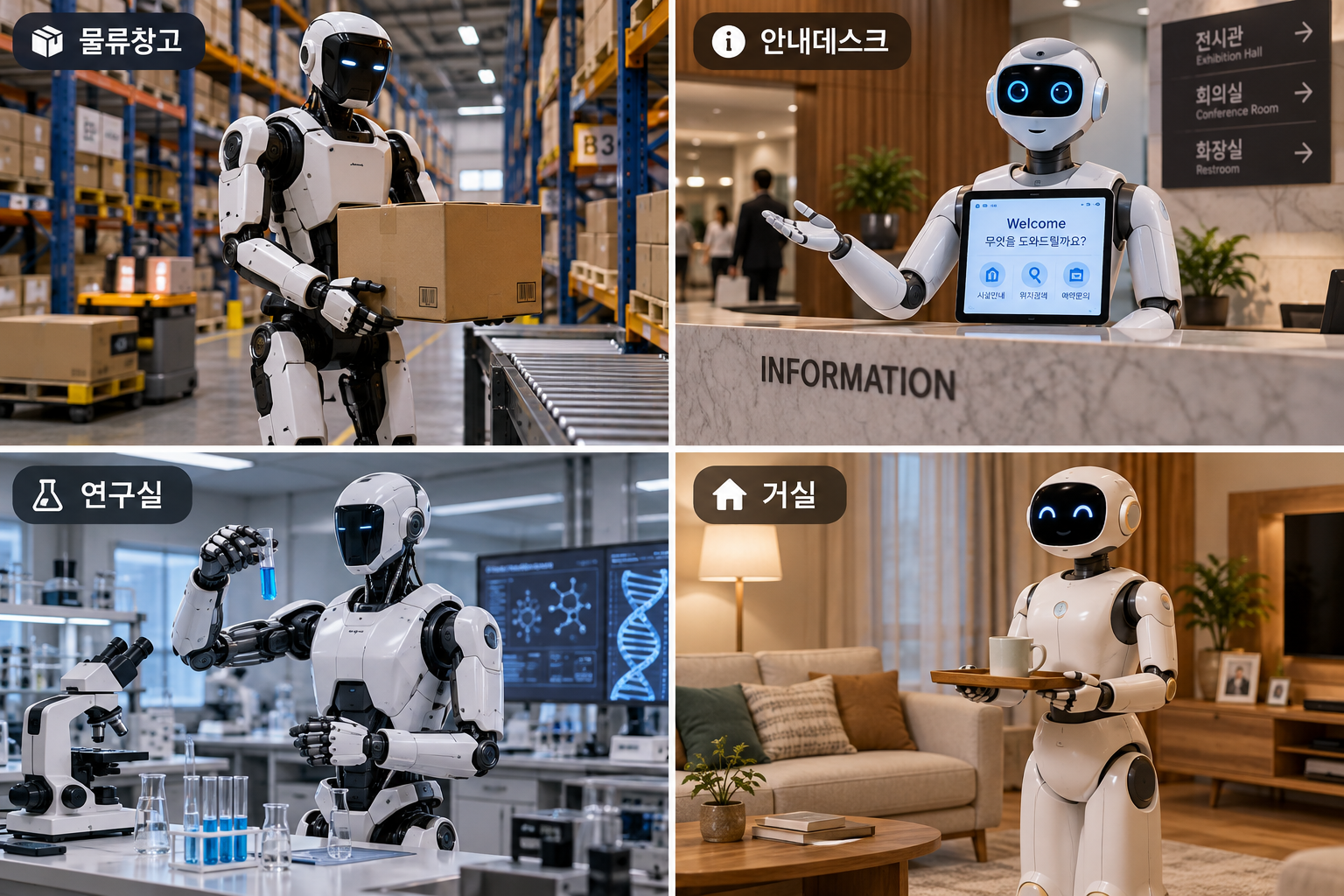 산업&middot;서비스&middot;연구&middot;반려 네 가지 역할별 휴머노이드 로봇이 각각의 공간에 서 있는 모습