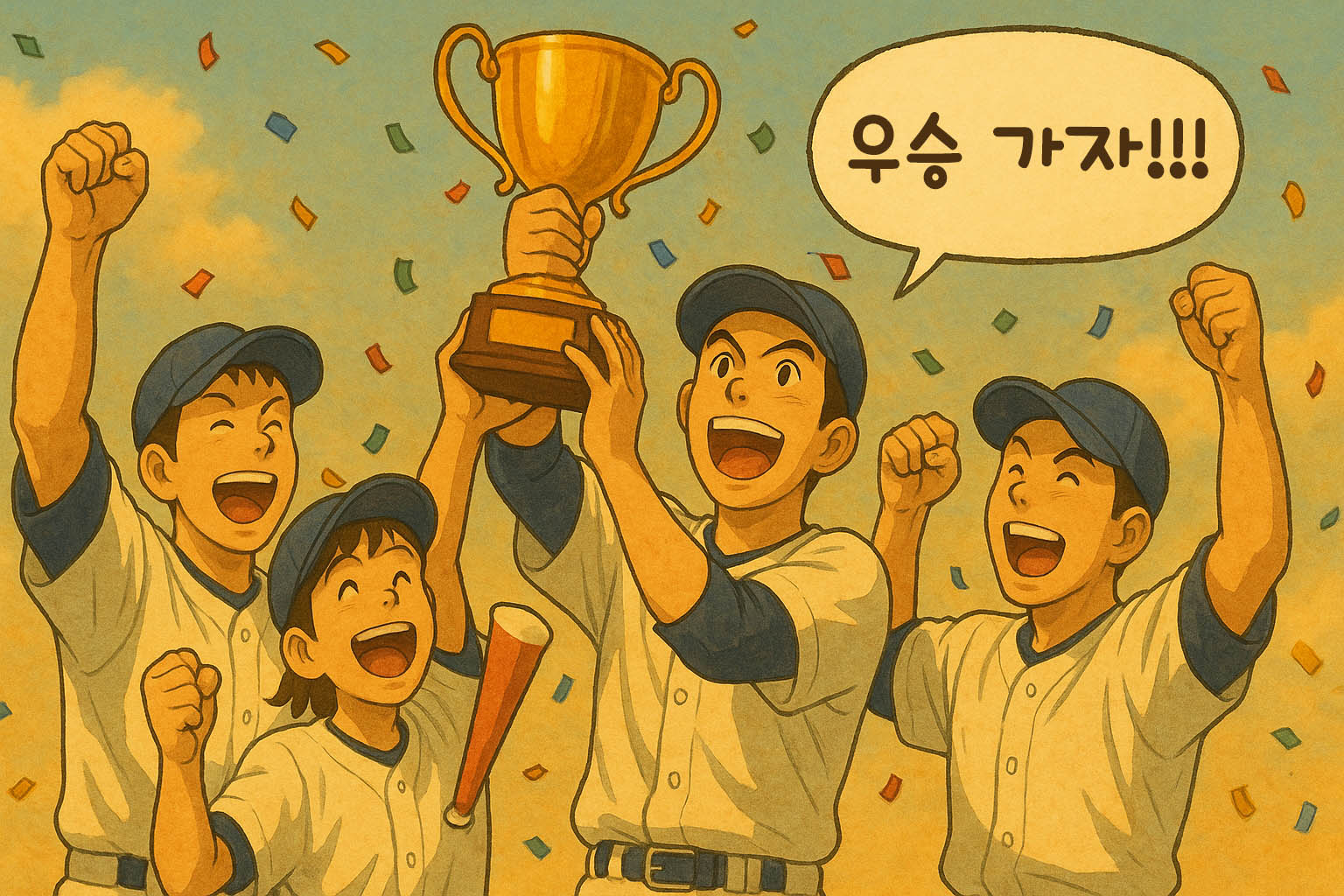 "야구선수들이 우승컵을 들고 환호하는 지브리풍 일러스트. 선수들이 한손을 번쩍 들며 기쁨을 표현하고 있으며, 주변에는 색색의 꽃가루가 흩날린다. 말풍선에는 '우승 가자!!!'라는 문구가 적혀 있다."