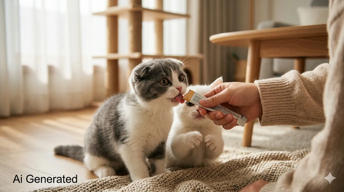 집사가 주는 츄르 간식을 맛있게 먹는 스코티쉬폴드와 옆에서 기다리는 하얀색 먼치킨 고양이
