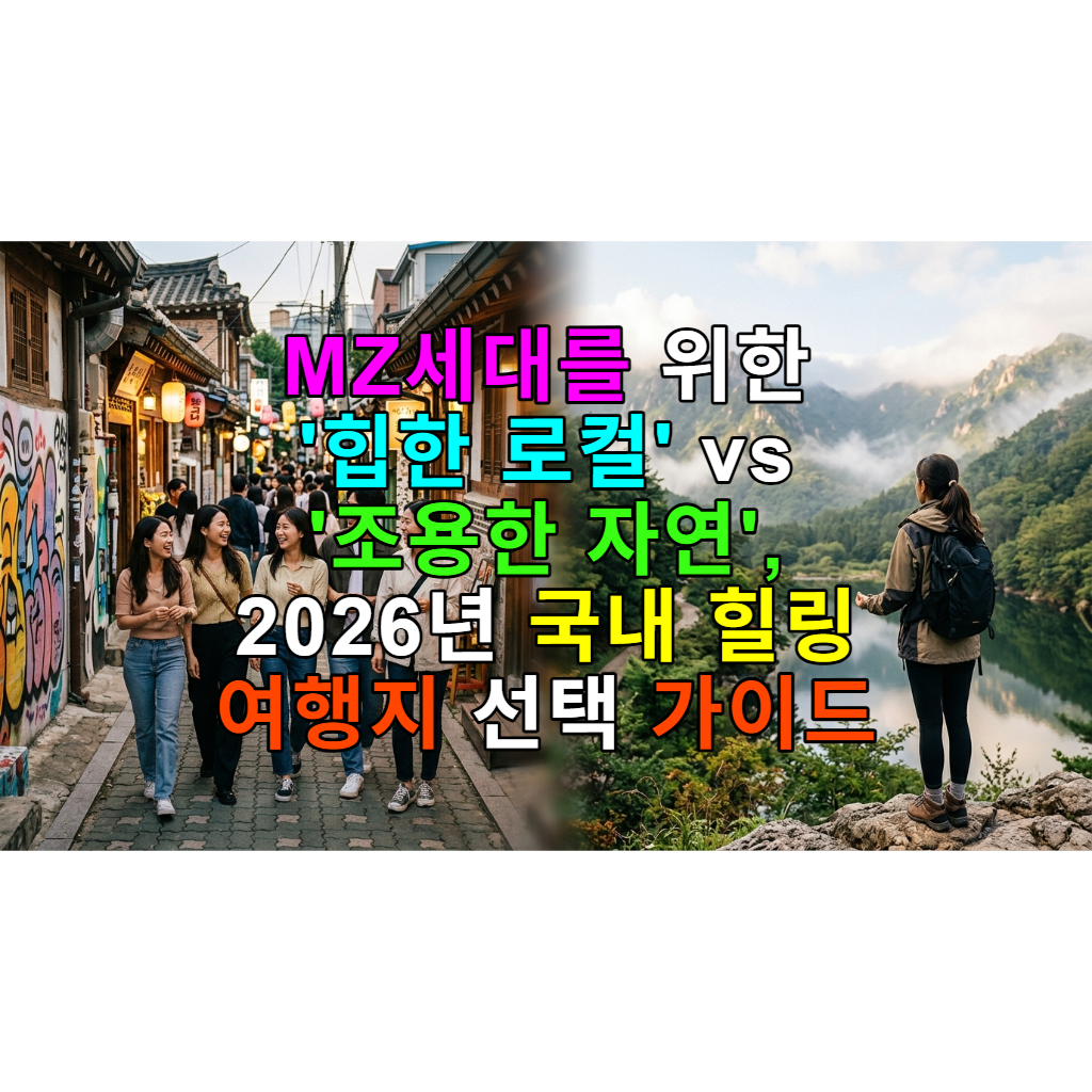 힙한 로컬 도시 골목을 탐험하는 MZ세대와 조용한 자연 속에서 휴식하는 MZ세대가 대비되는 모습