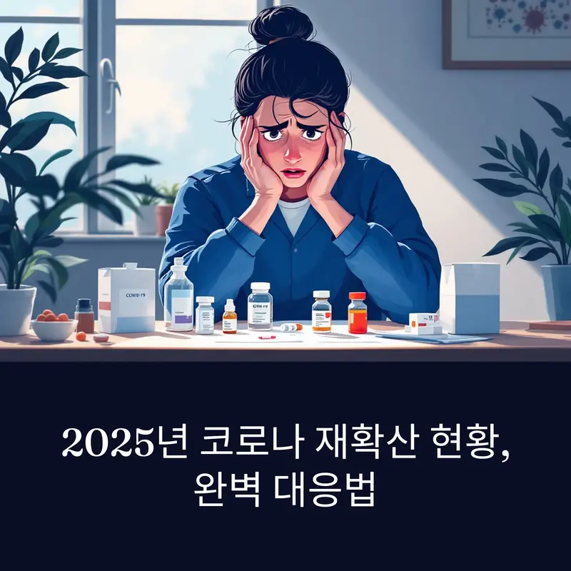 2025년 코로나 재확산 대응을 고민하는 사람과 다양한 코로나19 약품, 완벽 대응법을 안내하는 건강 정보 이미지