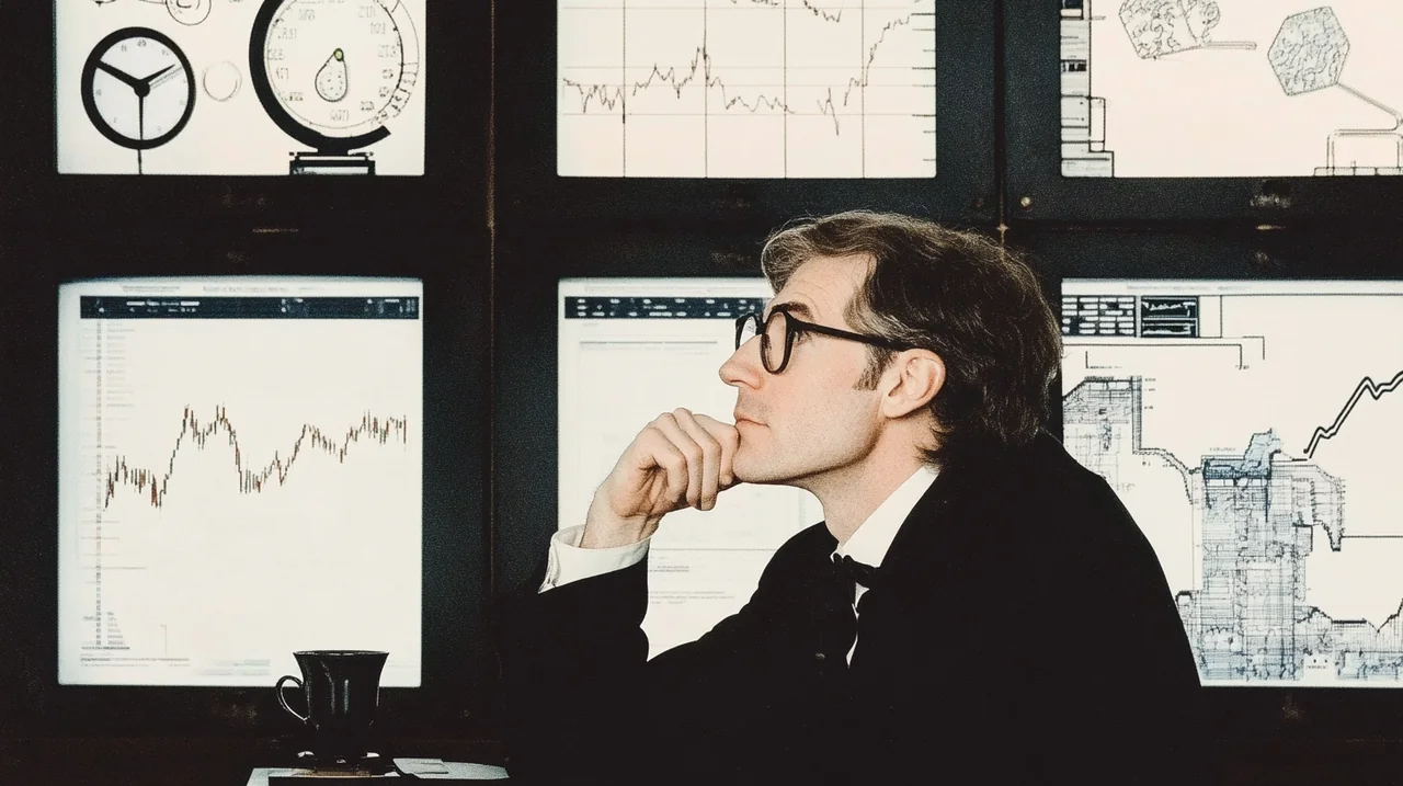 2025년 연금 ETF 인공지능 관련주 전망과 투자 전략을 분석하는 전문가가 최신 성과 그래프와 ETF 종목을 검토하며, 퇴직연금과 수익률, 포트폴리오 다각화 등 주요 키워드가 강조된 현대적인 환경에서 금융 시장 트렌드를 이해하는 모습