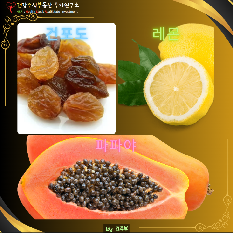 노화 방지 슈퍼푸드 세 가지 : 건포도, 레몬, 파파야
(글 그림 : 건주부, 그림 출처 : Canva)