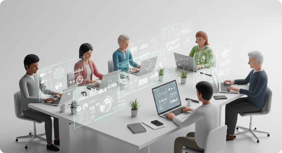 팀 프로젝트 협업 진행 장면 3D 일러스트