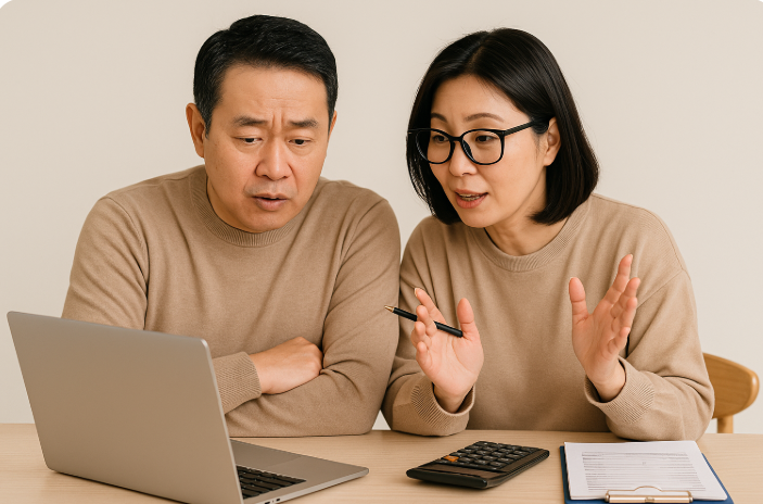 한국 중년 부부가 노트북과 서류를 보며 보험 관련 내용을 진지하게 상담하는 모습
