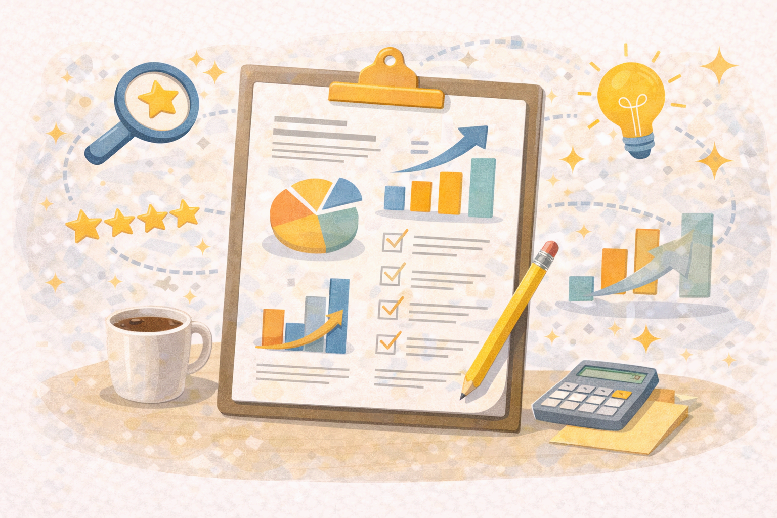 한 장 보고서를 상징하는 체크리스트와 그래프 일러스트