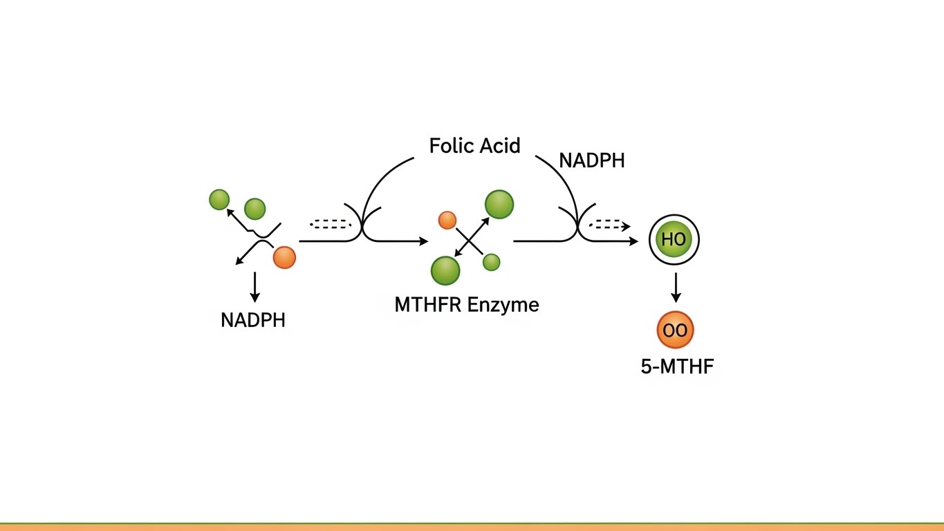 활성형 일반 엽산 차이 비교. 일반 엽산이 MTHFR 효소를 거쳐 활성형 엽산으로 변환되는 과정을 보여주는 인포그래픽.