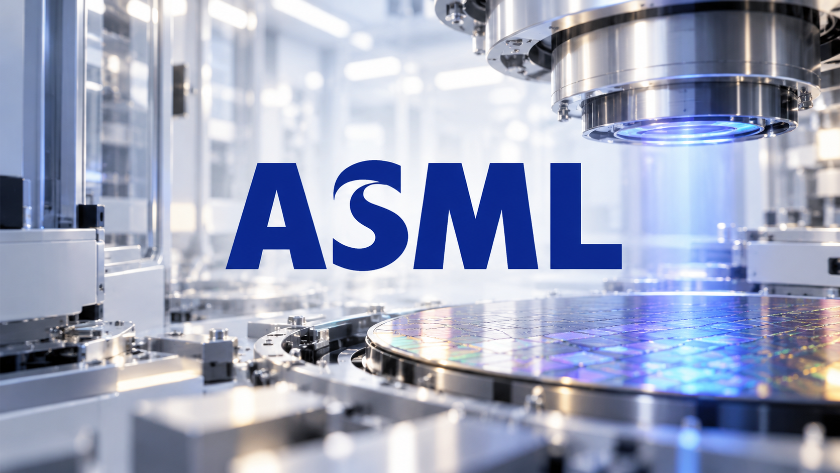 중앙의 ASML 로고와 반도체 노광 장비, 웨이퍼를 나타낸 일러스트
