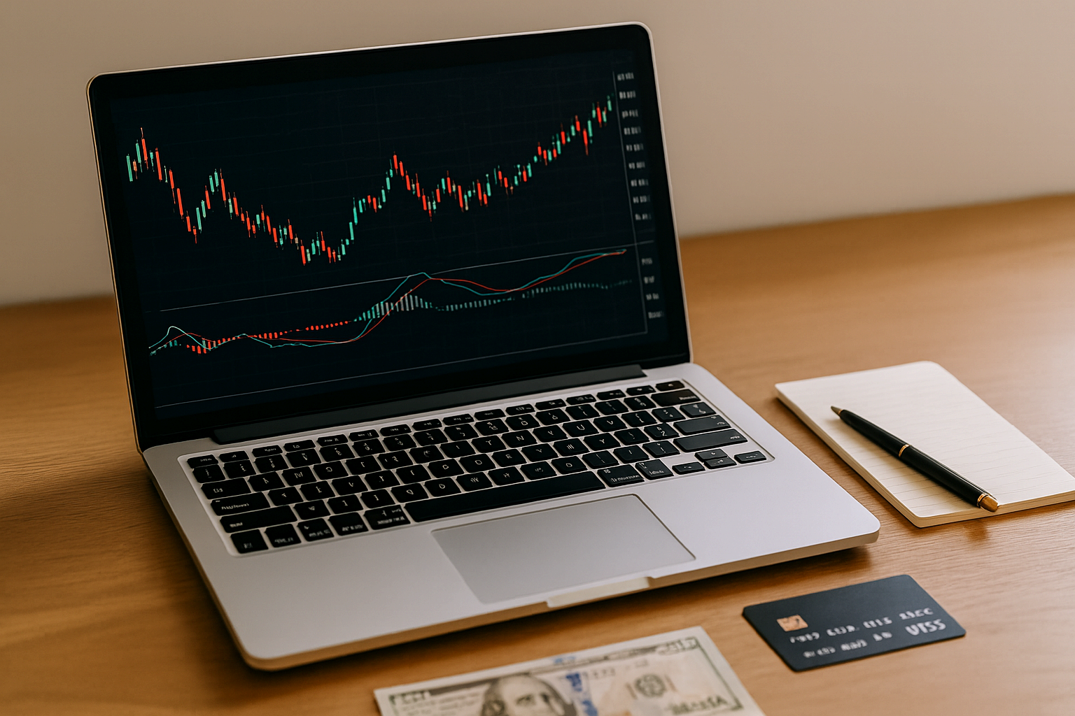 노트북 화면에 주식 차트와 그래프가 표시된 모습