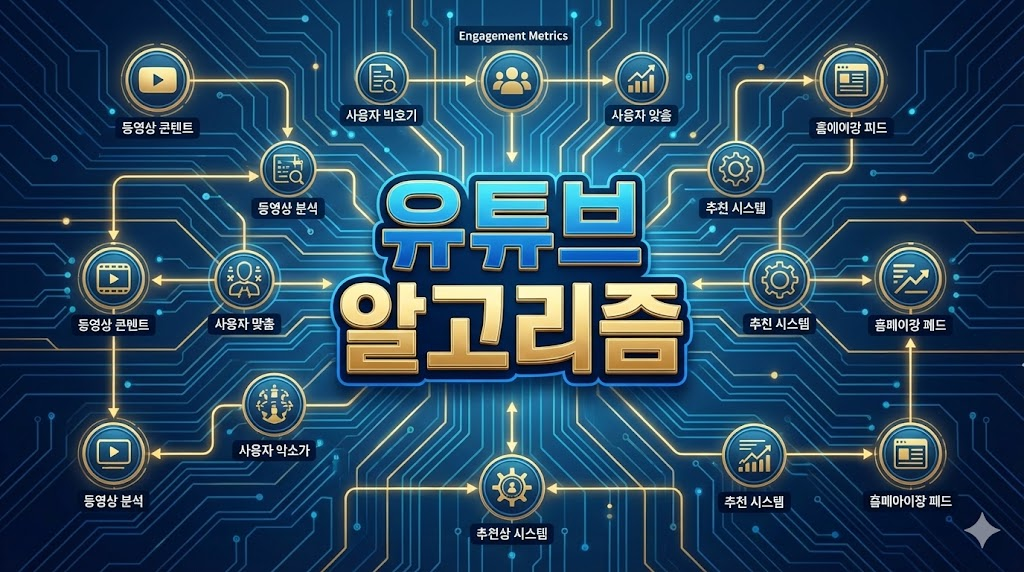 유튜브 알고리즘의 작동 원리를 시각화한 고해상도 인포그래픽 디자인입니다.