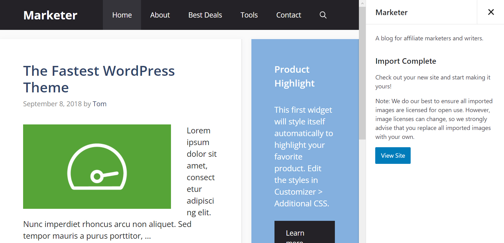워드프레스 GeneratePress 테마 사이트 라이브러리 데모 로드 완료