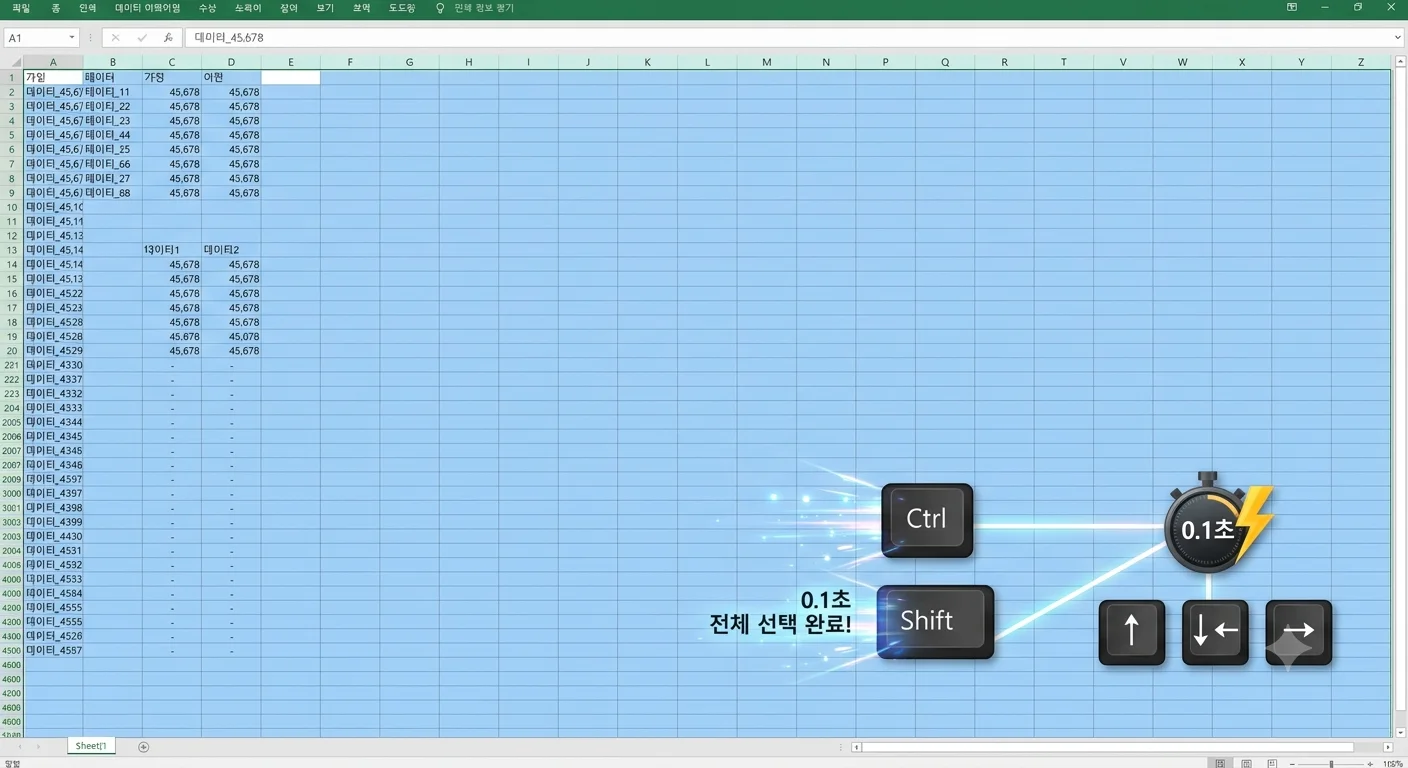 엑셀 마우스 없이 셀 이동 및 Ctrl Shift 방향키 대용량 데이터 전체 선택 단축키 화면