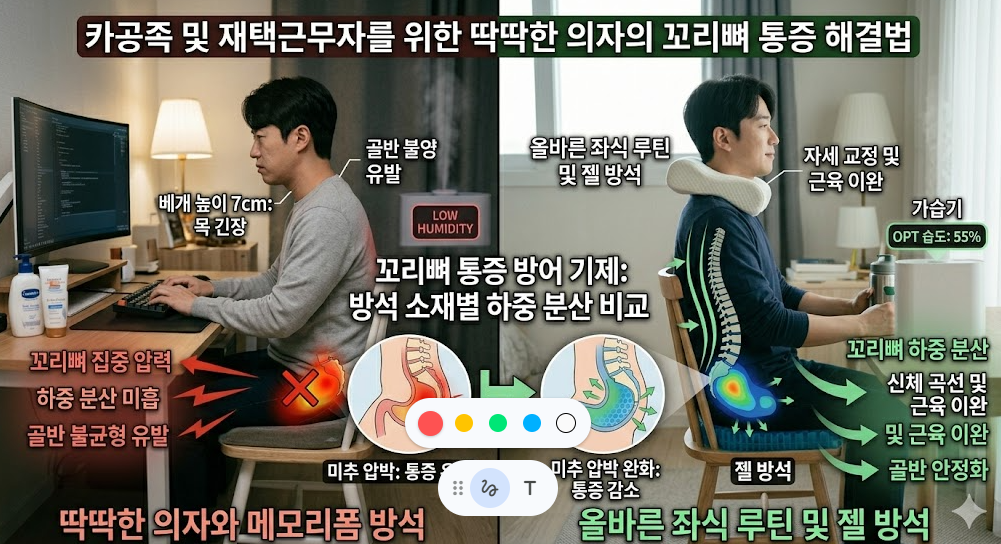 카페와 재택근무 환경의 딱딱한 의자가 유발하는 꼬리뼈 통증 해소를 위한 메모리폼 및 젤 방석의 하중 분산 메커니즘 분석