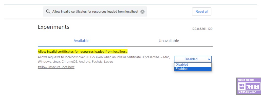 Chrome flags allow insecure localhost 과거 설정 화면