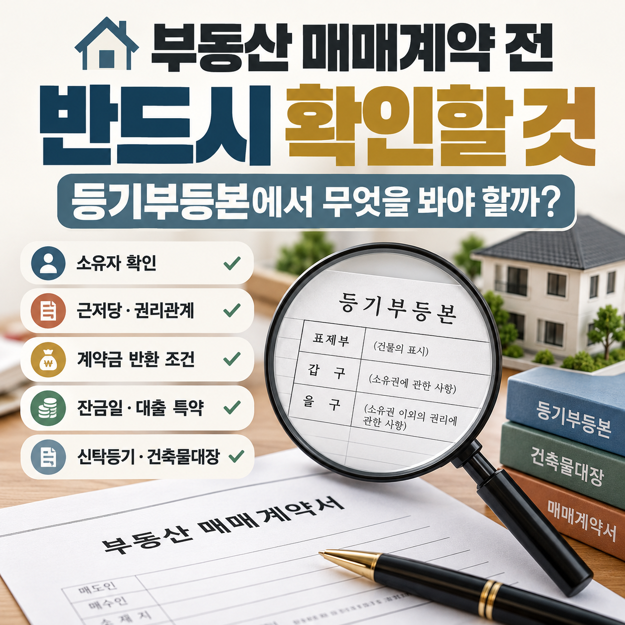 부동산 매매계약서와 등기부등본을 함께 살펴보는 모습