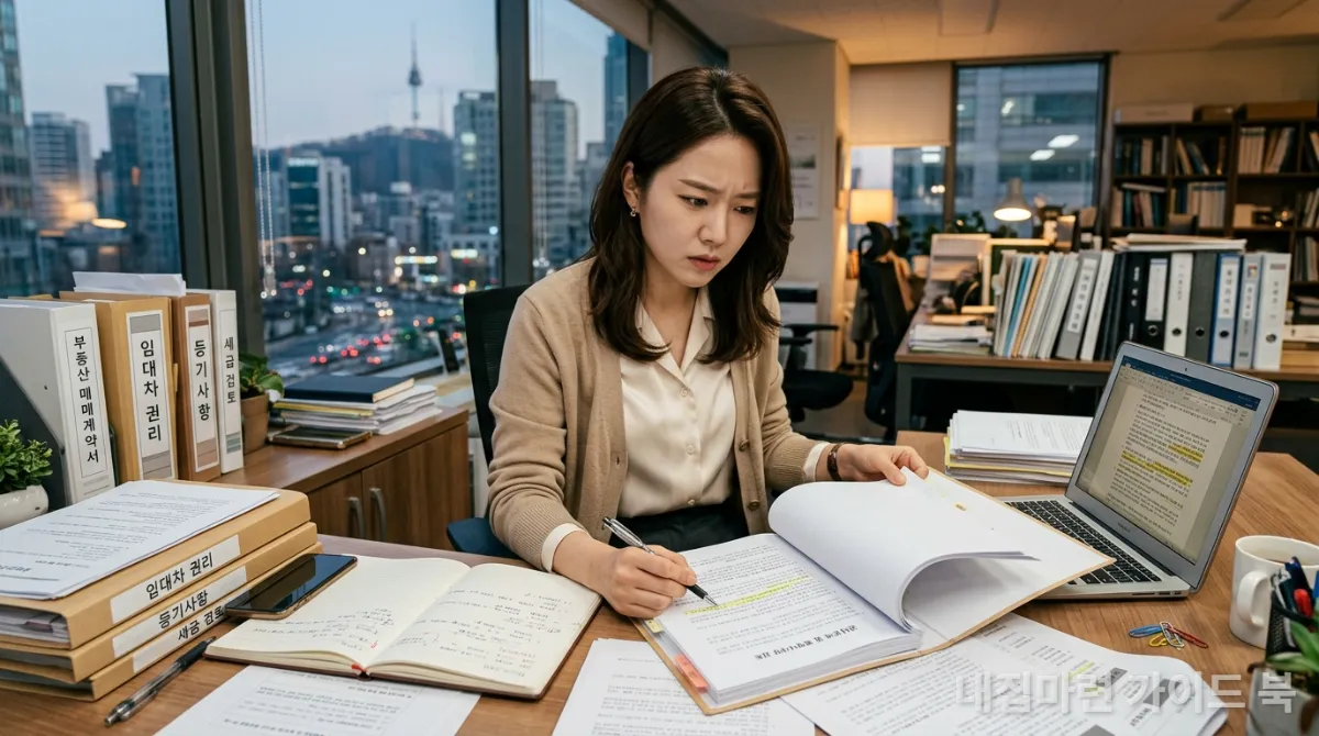 복잡한 법률 서류를 보며 권리분석의 중요성을 생각하는 한국인 전문가