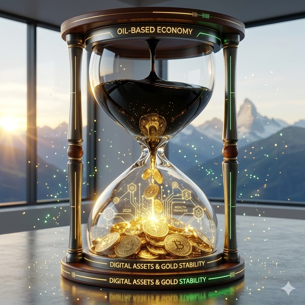 A conceptual hourglass where dark oil in the top half transforms into gold coins and digital circuits in the bottom half.