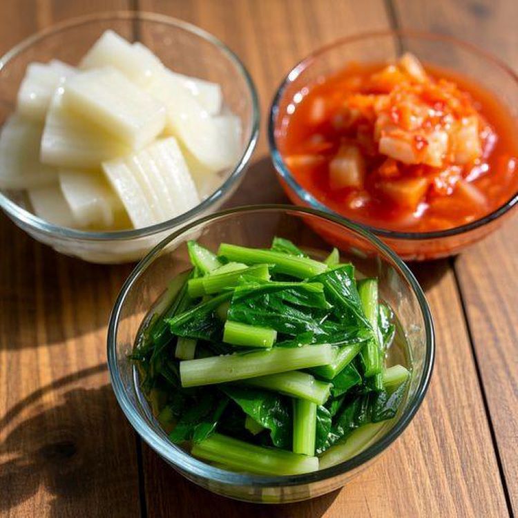 세 개의 물김치(열무물김치, 백김치, 동치미)가 나무 식탁 위 투명 유리 그릇에 담긴 모습, 열무물김치의 붉은 국물, 백김치의 맑은 단맛, 동치미의 청량한 투명함이 강조된 생생한 색감, 여름 분위기의 밝고 시원한 배경