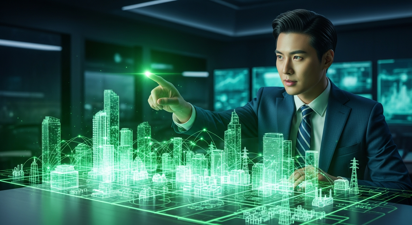 어두운 하이테크 사무실에서 짧은 검은 머리의 젊어 보이는 중년 한국인 금융 분석가가 비즈니스 정장을 입고 초록색 에너지 라인으로 빛나는 미래형 3D 홀로그램 도시 그리드를 가리키고 있다. 홀로그램은 데이터 센터와 발전소가 연결된 모습을 보여준다. 화면에 텍스트 없음.
