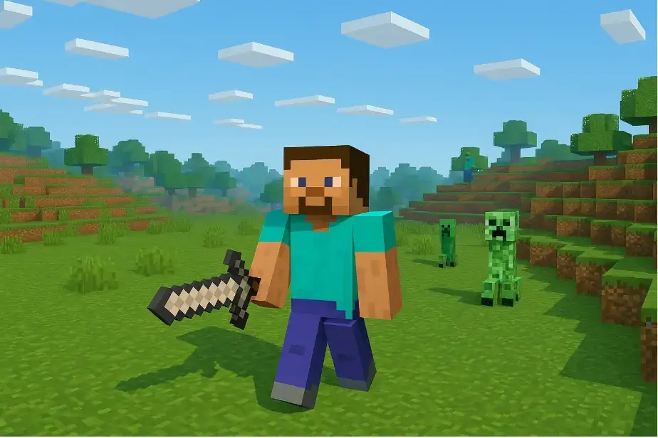 마인크래프트 스티브 캐릭터가 검을 들고 초원에서 이동 중이며, 뒤에는 크리퍼 몬스터들이 따라오는 장면