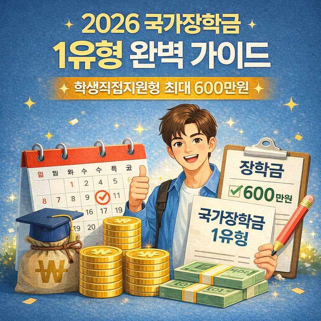 2026 국가장학금 1유형 완벽 가이드 썸네일, 학생직접지원형 국가장학금 최대 600만원 지원 조건과 신청방법 안내 이미지