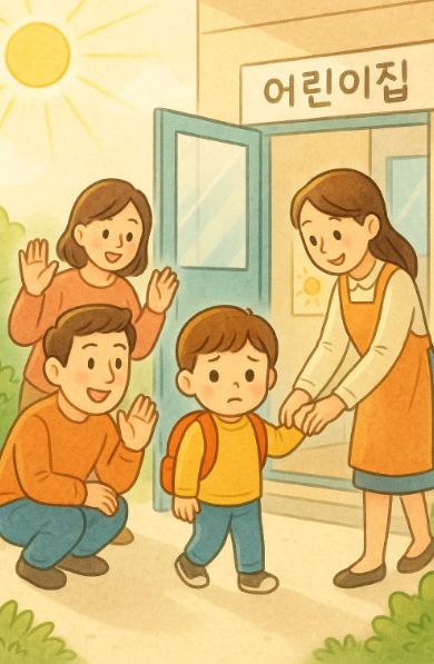 어린이집 입구에서 부모와 인사하고 교실로 들어가는 아이의 모습