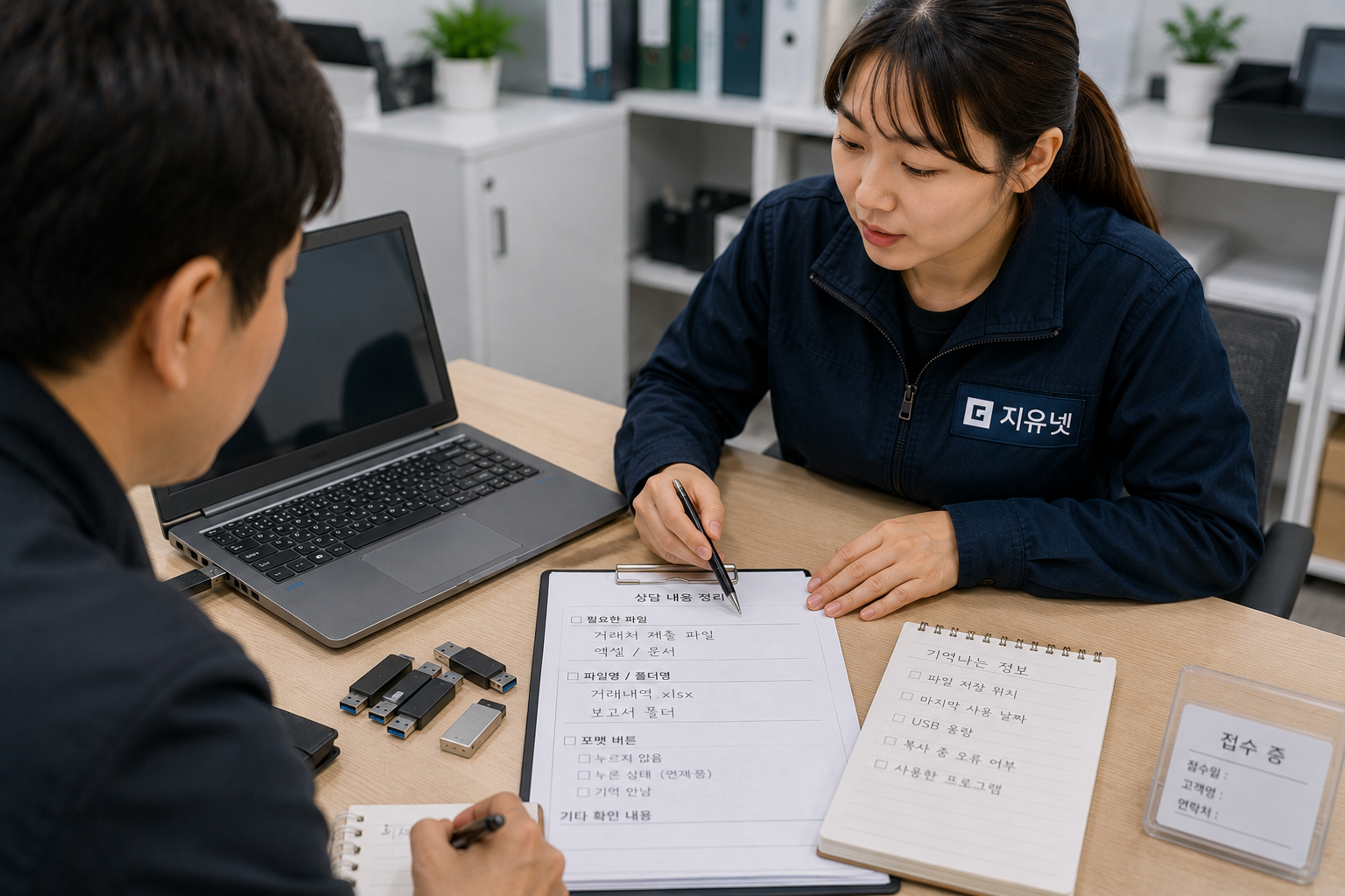 USB 데이터복구 상담 과정에서 고객과 함께 제출 파일명과 포맷 여부를 정리하는 장면