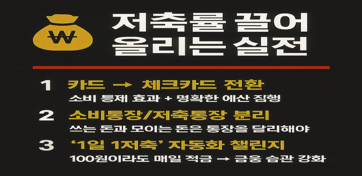 저축률을 높이기 위한 실전 전략 3가지를 정리한 인포그래픽