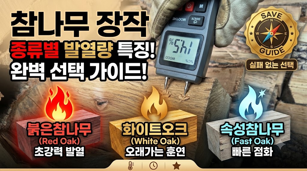 참나무 원목과 바짝 마른 참나무 쪼개짐 장작이 쌓여 있는 모습