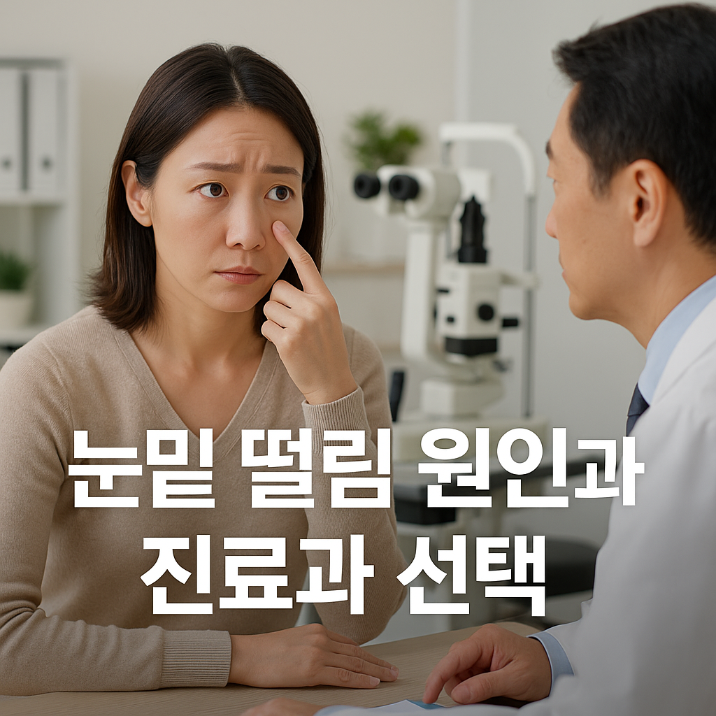 눈킽 떨림 건강신호? 안과 진료중인 여성과 남성의사