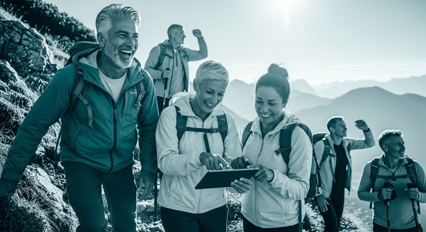 여러명의시니어들이 산을올라 즐거워하고 있다