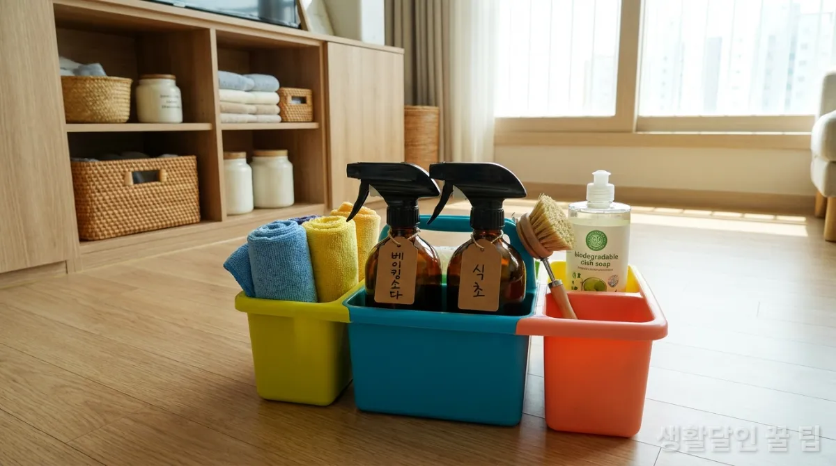효율적인 10분 청소를 위한 필수 청소 도구들이 담긴 정리함
