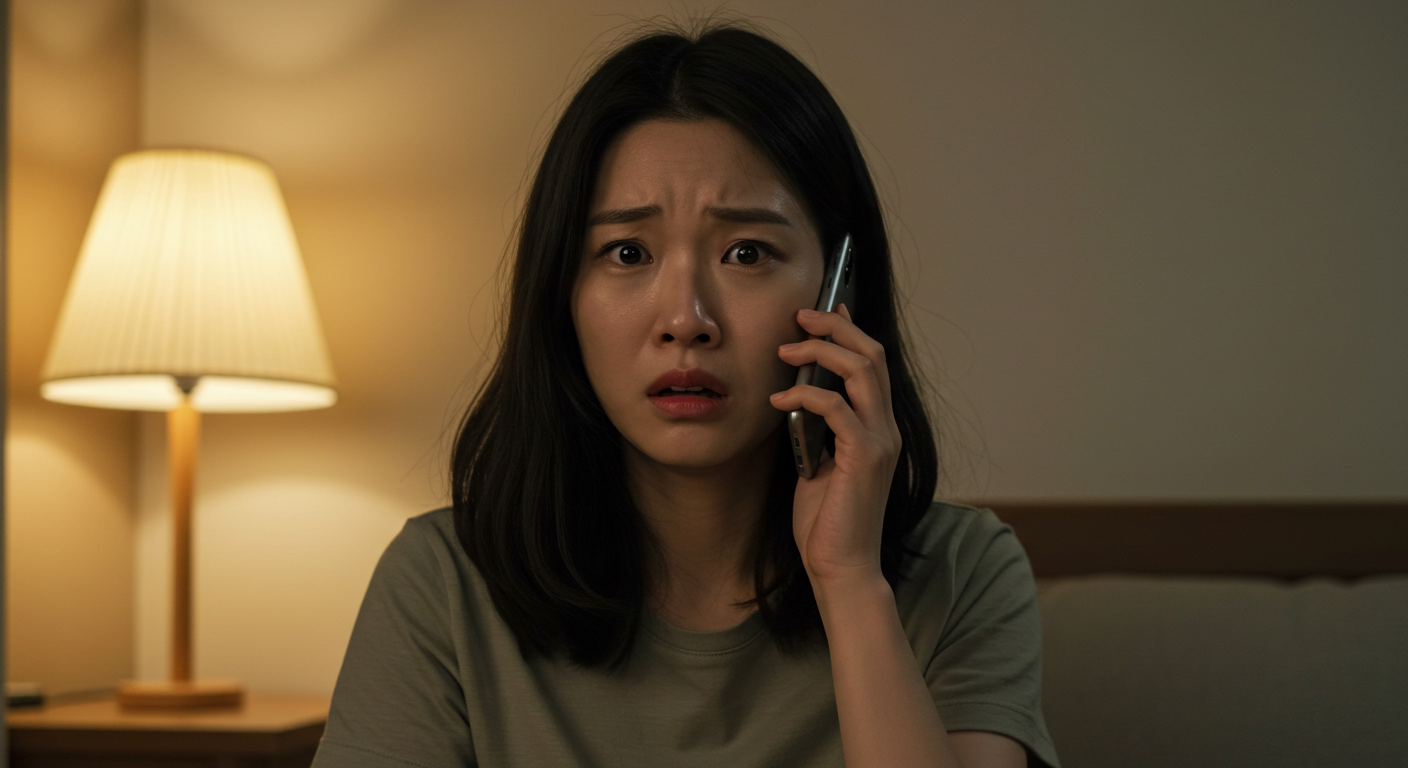 보이스피싱 전화를 받고 두려워 하는 여성
