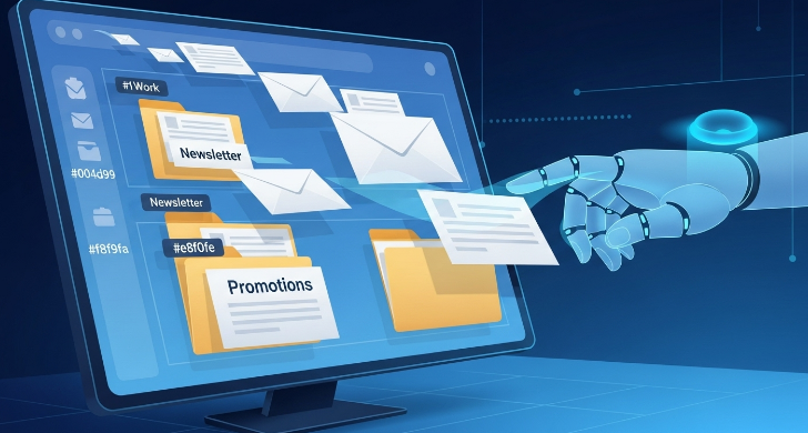 지메일 필터와 AI 도구를 사용하여 깔끔하게 분류된 이메일 받은 편지함과 효율적인 메일 관리 시스템을 상징하는 이미지. 모니터 화면에는 이메일들이 자동으로 분류되어 있으며, AI의 도움이 시각적으로 표현되어 있다.