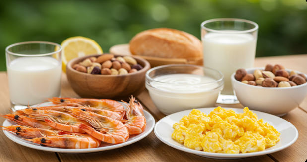Various foods that can trigger hives, including shellfish, nuts, eggs, dairy products, arranged on a table,
