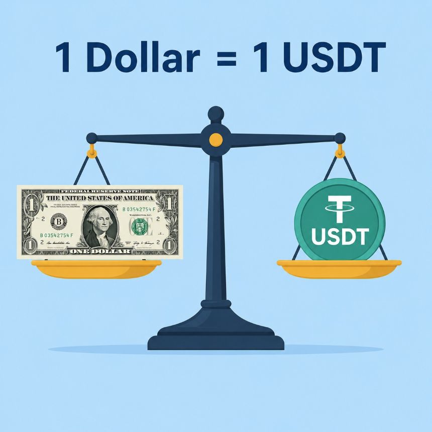 1달러와 USDT 가치가 동일함을 저울로 표현한 페깅 개념 이미지