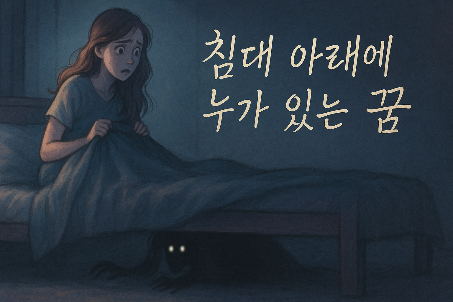 어두운 침실에서 겁먹은 여성이 침대 위에 앉아 이불을 움켜쥔 채 바라보고 있고, 침대 아래에는 정체 모를 검은 실루엣이 숨어 있는 몽환적 파스텔톤 일러스트