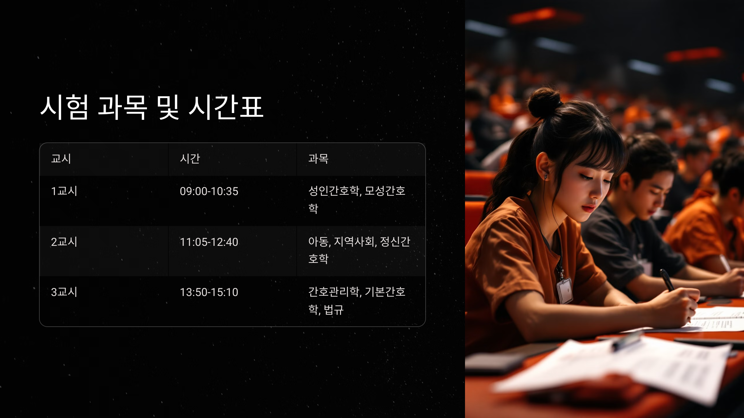 시험 과목 및 시간표