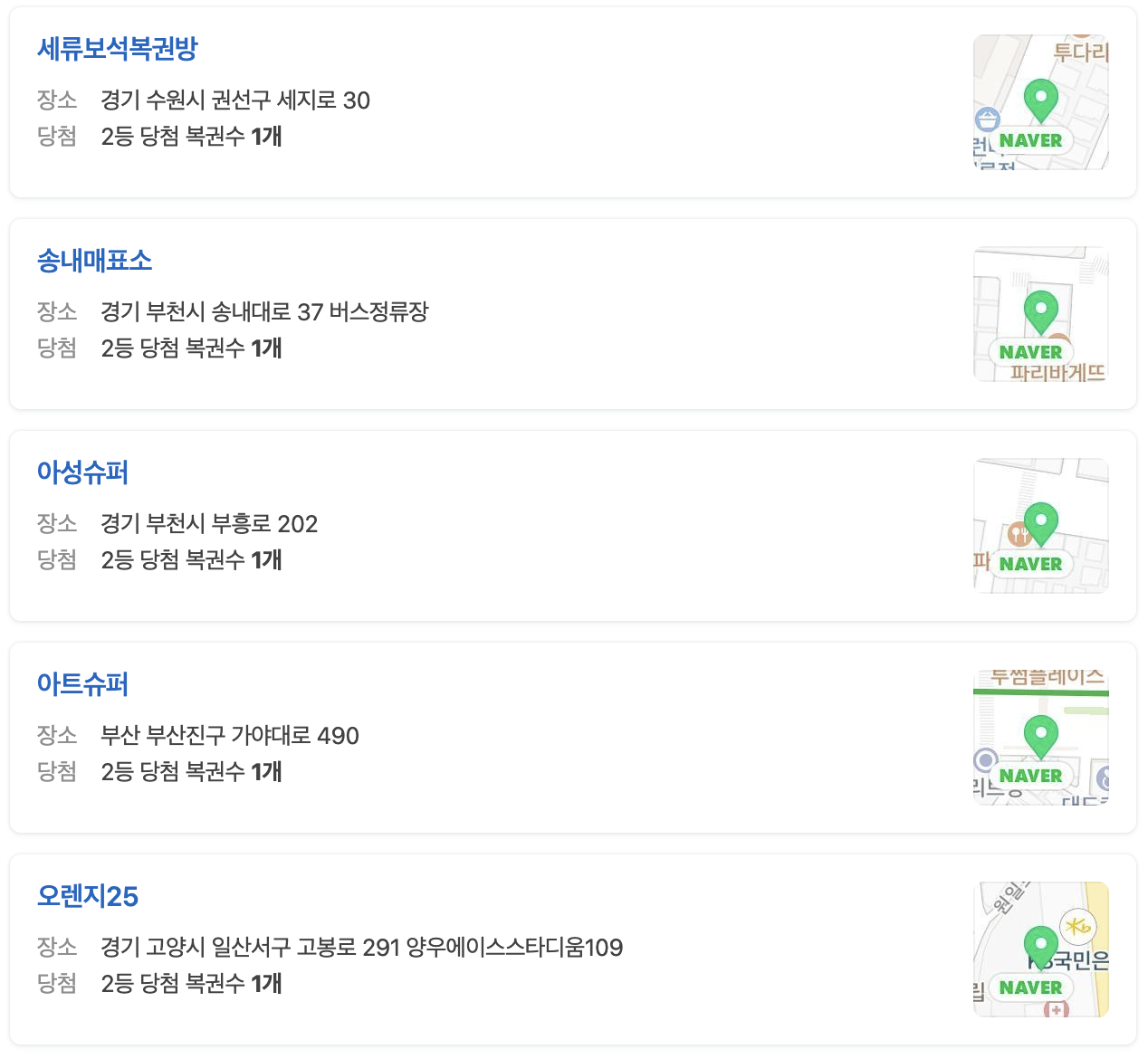 로또 1019회 2등 당첨 지역