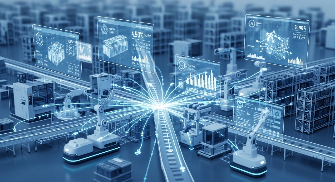AI와 데이터 기술로 스마트화된 생산 라인을 보여주는 디지털 전환 이미지