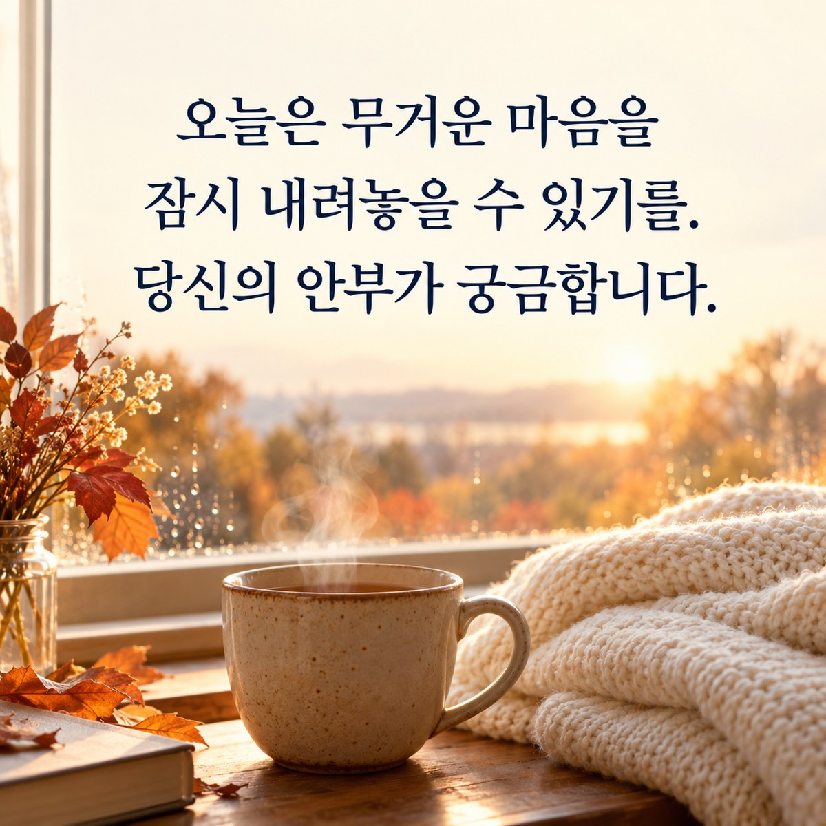 추수감사절 카톡 인사말 힘든해위로 카드 &mdash; 비 갠 창가의 따뜻한 차와 부드러운 담요