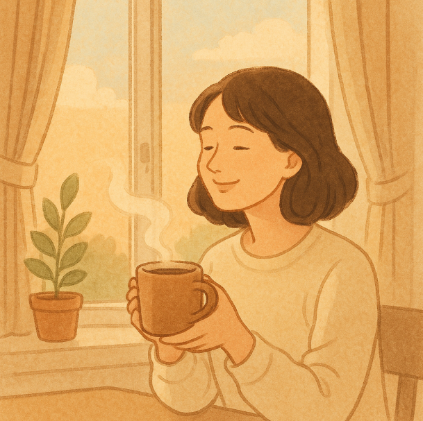 따뜻한 커피잔을 들고 미소 짓는 사람