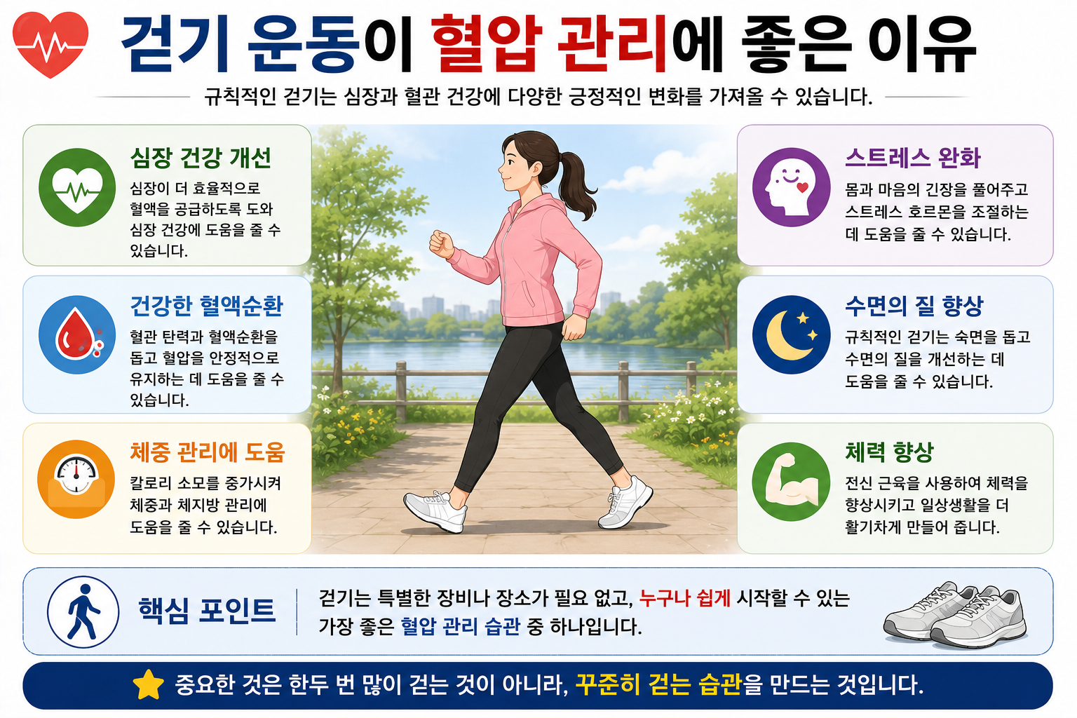 걷기와 혈압·심혈관 건강의 관계를 설명한 그림