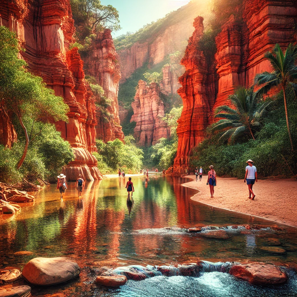 무이네 페어리 스트림의 붉은 사암 절벽과 맑은 물길을 따라 걷는 여행자들