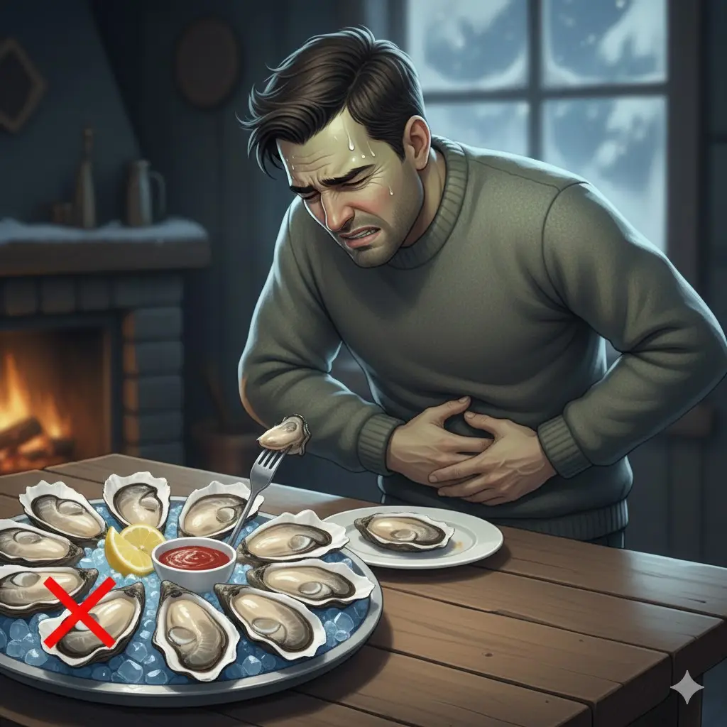 겨울철 별미 생굴과 배가 아파 괴로워하는 사람 이미지