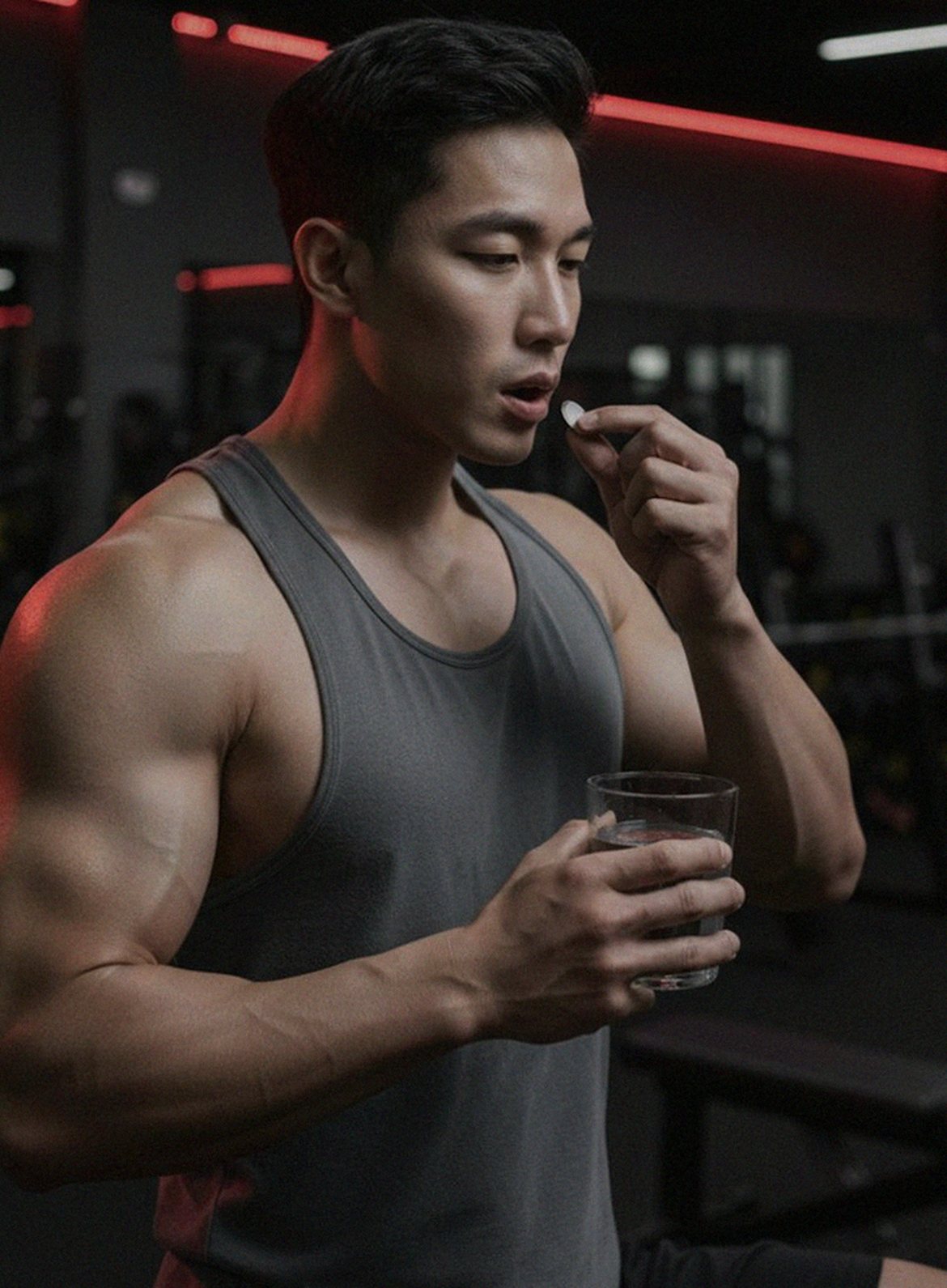 Korean Asian man in 30s taking supplement with water at home